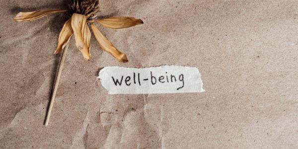枯萎花朵与写有“well-being”的纸条。