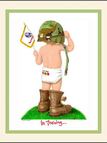 Adorable Army child saluting, with the flag and a camouflage helmet wearing Dad's boots.