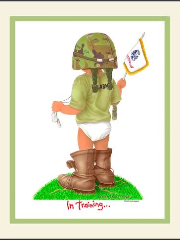 Sweet black child with Army flag, dog tags, camouflage helmet and Dad's boots.