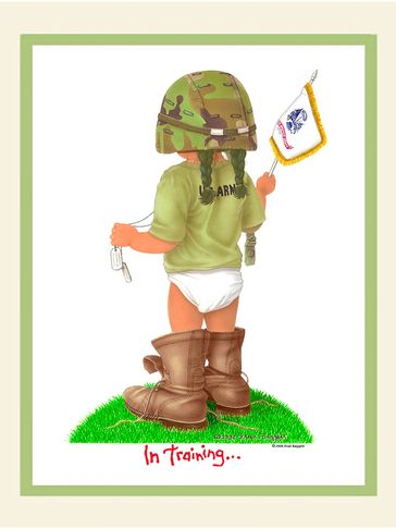 Precious little black Army girl with flag, dog tags, camouflage helmet and Dad's boots.