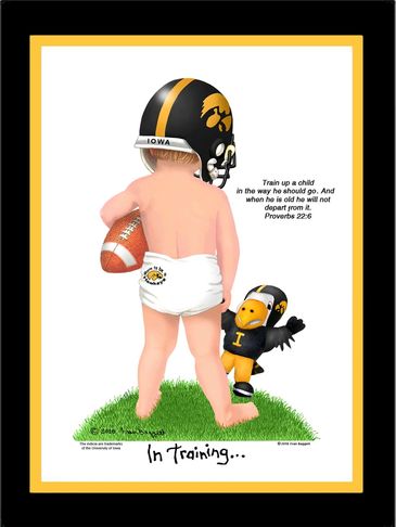 Cute barefoot Iowa football player in training with helmet, football and toy hawk and Bible verse.