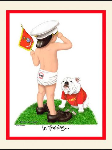 Proud child with Marine flag and cap showing his dog, Chesty, how to salute.