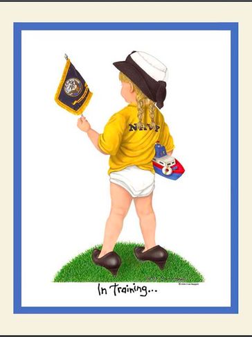 Proud little Navy girl with her flag and toy boat, wearing her navy hat and her mother's shoes.