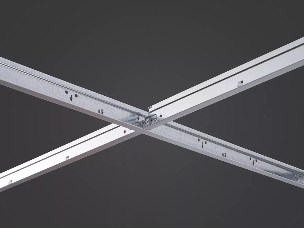 Metallic ceiling grid cross structure.