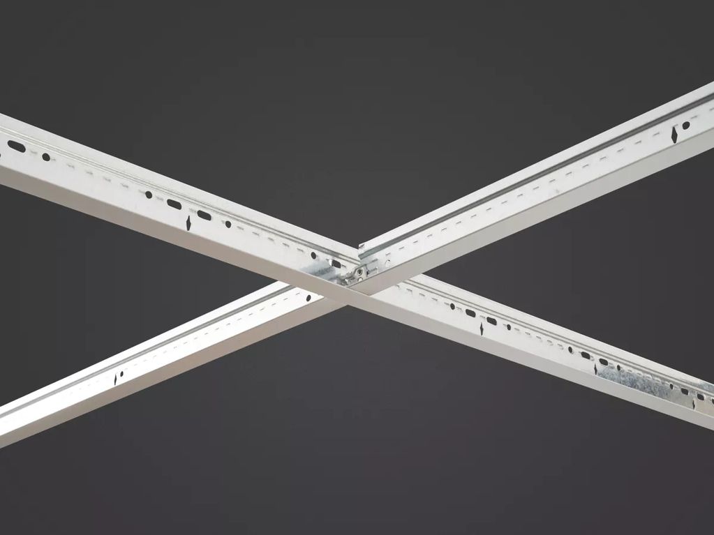 Two white metal beams intersect on a dark background.