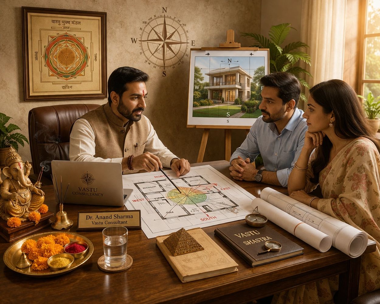 Vastu consultant advising a couple using architectural plans and traditional symbols.