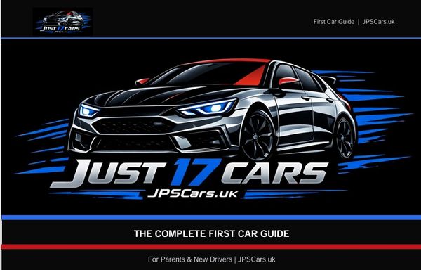 Stylized graphic of a modern car with 'Just 17 Cars' logo and first car guide branding.