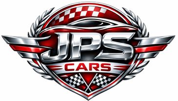 Shiny metallic JPS Cars logo with racing elements and laurel wreath.