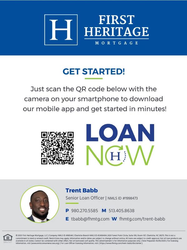 Advertisement for First Heritage Mortgage with a QR code to download their loan app.