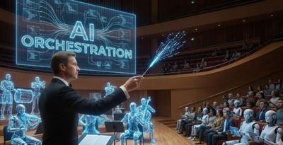 Conductor leads AI hologram orchestra with a futuristic audience of humans and robots.