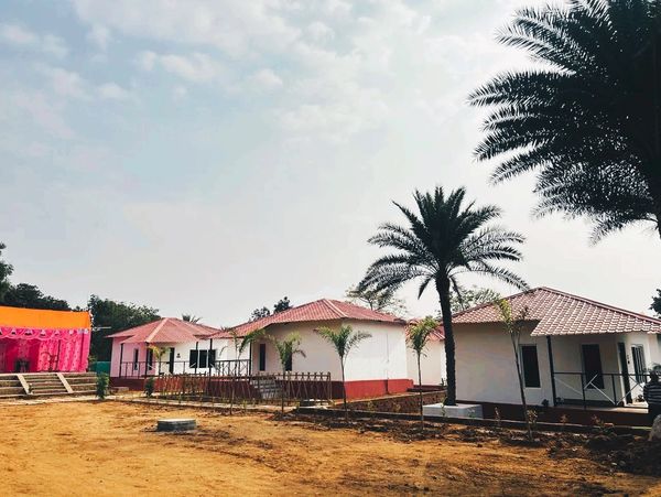 A row of white houses with red roofs and palm trees on a clear day.