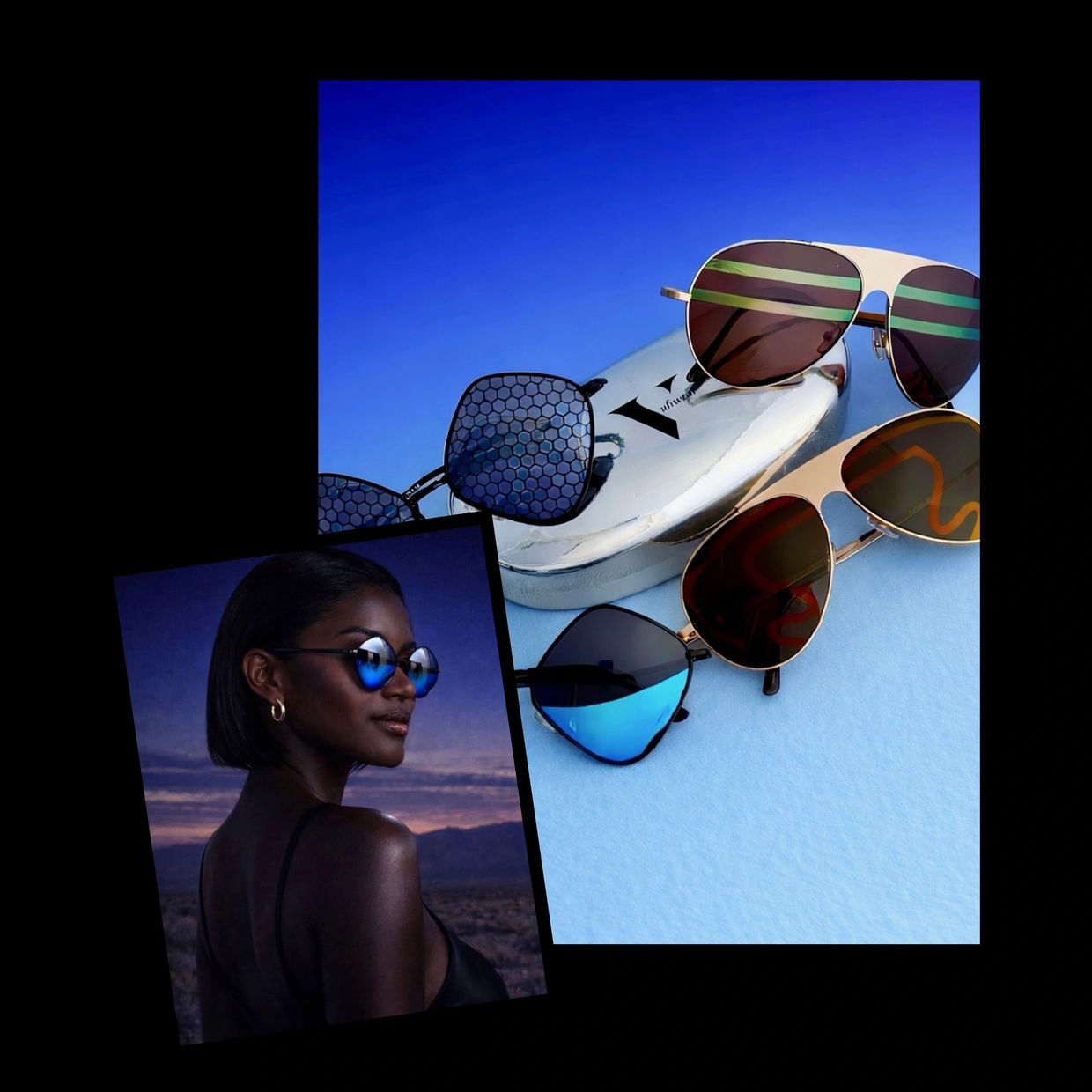 Variety of stylish sunglasses and portrait of woman wearing blue lenses.