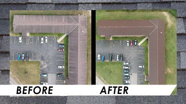 Aerial before and after view of a building and parking lot renovation.