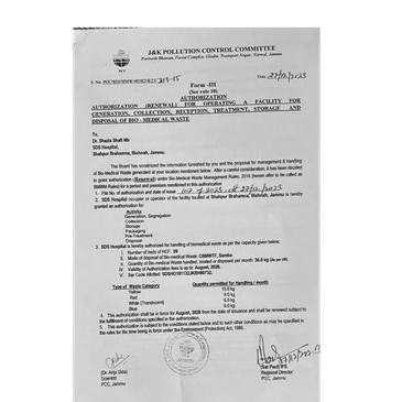 Official authorization letter for medical waste processing in J&K.