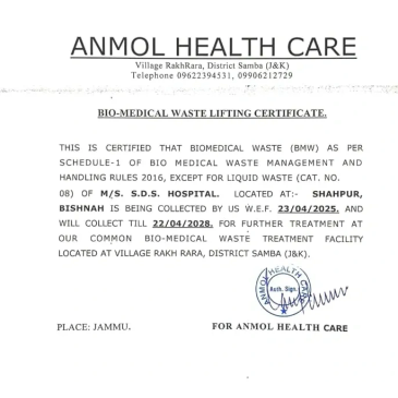 Biomedical waste lifting certificate from Anmol Health Care.