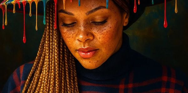 Woman with braided hair wearing a colorful hat of flowers and books, reading.