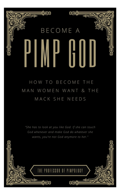 Book cover titled 'Become a Pimp God' with ornate gold corner decorations on black background.