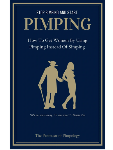Book cover titled 'Stop Simping and Start Pimping' with silhouettes of a man and woman.