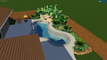 Texas, pool, border, landscape, tropical plants, garden bed, water feature, Killeen, patio design.