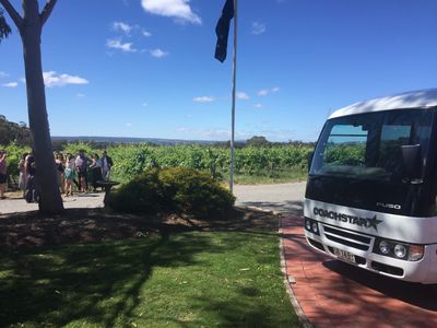 A group of people overlooking grape vines at Pertaringa Winery - McLaren Vale 