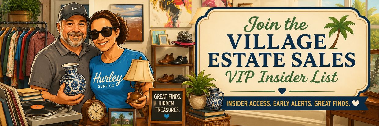 Couple promoting Village Estate Sales VIP Insider List with vintage items.