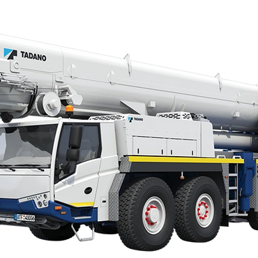 A large white and blue Tadano mobile crane truck with multiple wheels and extended boom.