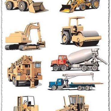 Illustration of various construction vehicles and equipment.