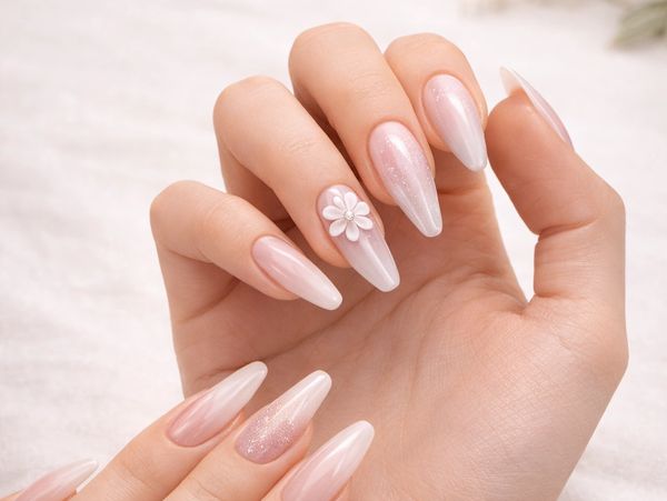 Elegant long almond-shaped nails with a pearly pink finish and a 3D flower accent.