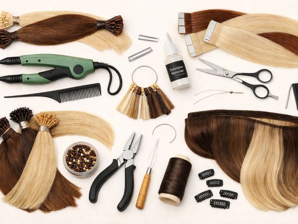 Hair extension tools and supplies arranged on a white surface.