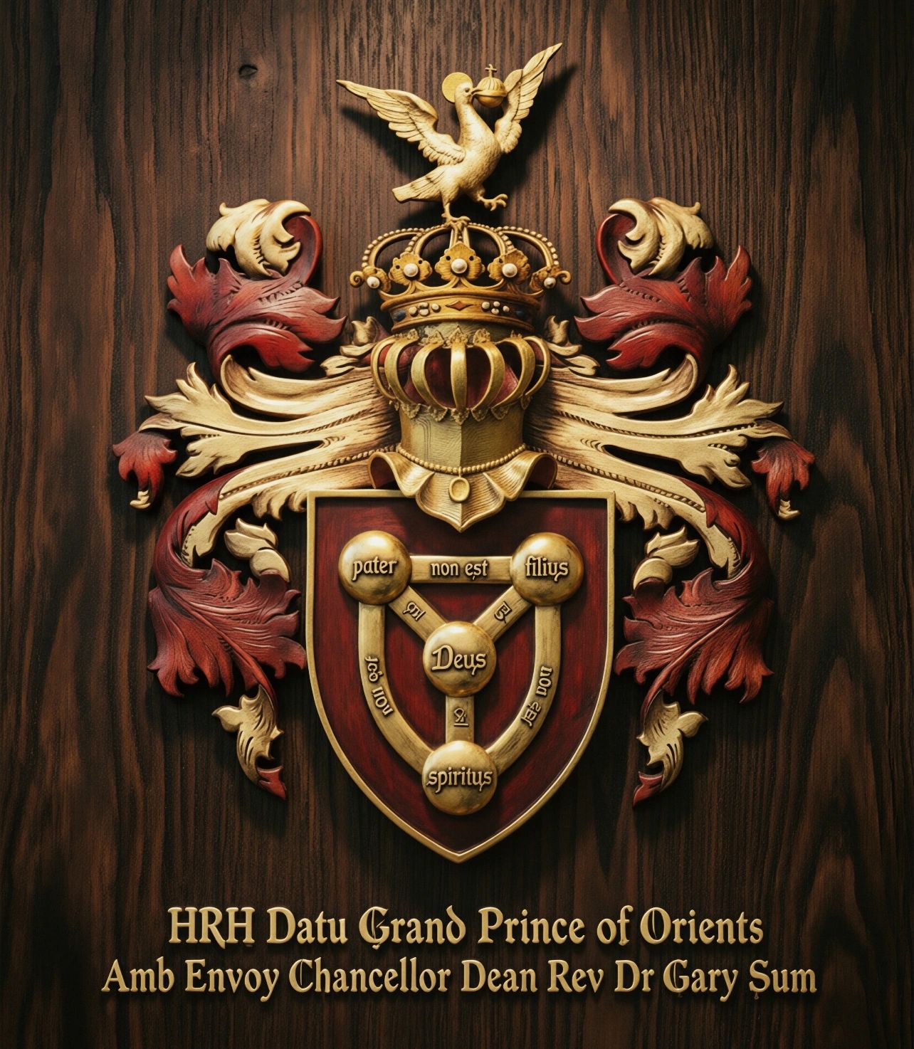 Ornate coat of arms with Latin text and title inscription.