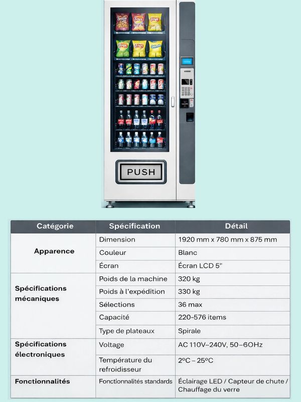 Distributeur automatique blanc avec chips et boissons, spécifications techniques détaillées en français.