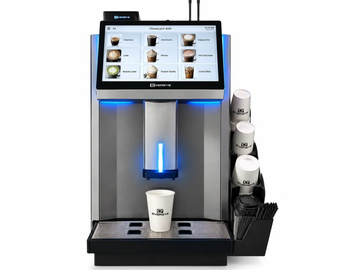 Machine à café automatique avec écran tactile et distributeur de gobelets.