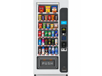 Distributeur automatique rempli de snacks et boissons.