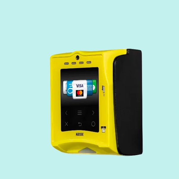 Yellow Nayax payment terminal with card selection on display.