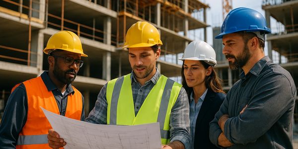 Four construction workers reviewing building plans at a construction site.