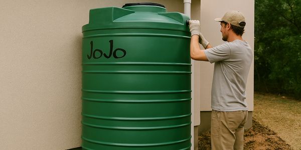 Man installing a green JoJo water tank next to a house.