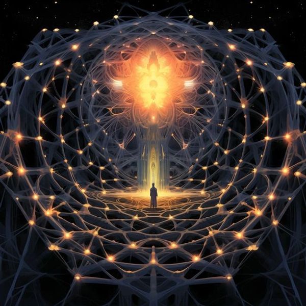 A person stands in a glowing, intricate, spherical network of lights and lines.
