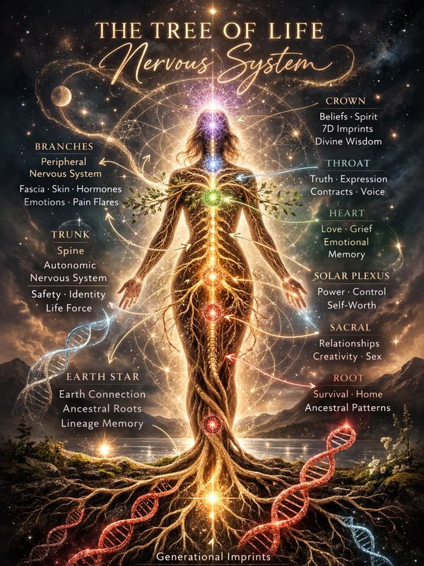 Illustration of the nervous system as a glowing tree with labeled chakras and their meanings.