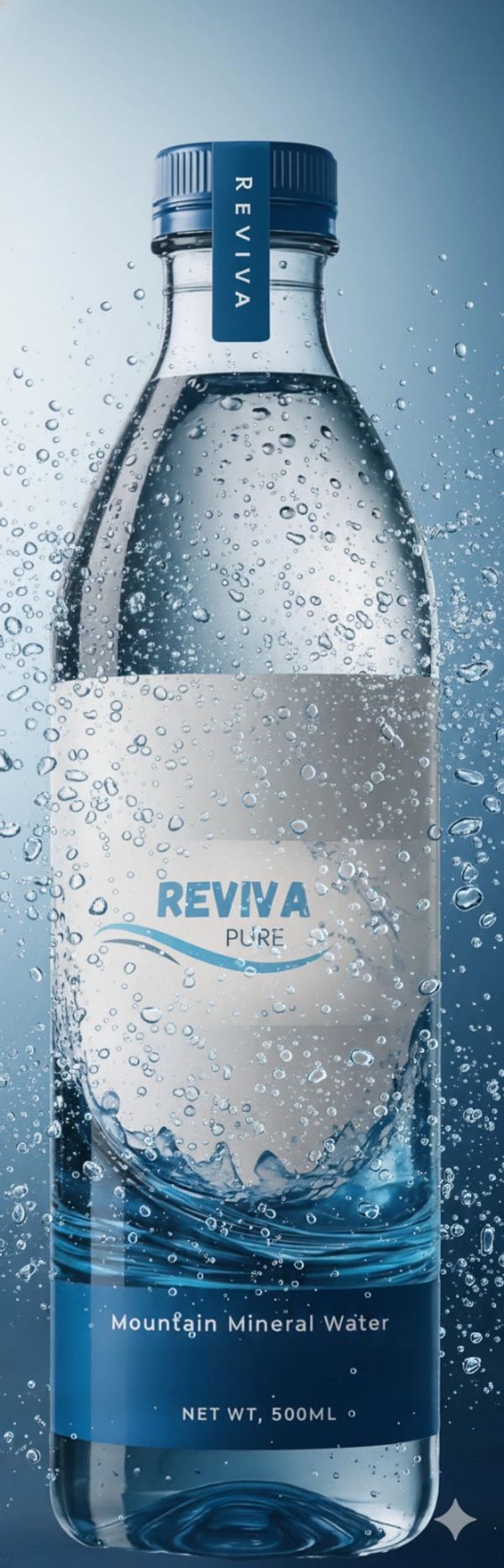 A clear bottle of Reviva Pure mountain mineral water with water splashes.