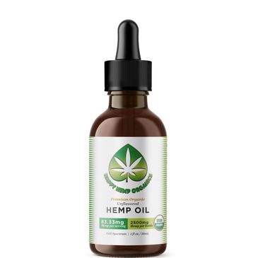 Brown 1oz bottle of unflavored premium USDA organic hemp-derived CBD oil 2500mg with 1ml dropper.