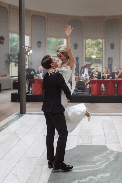 A bride and groom dance together at Wynyard Hall in the North East.
