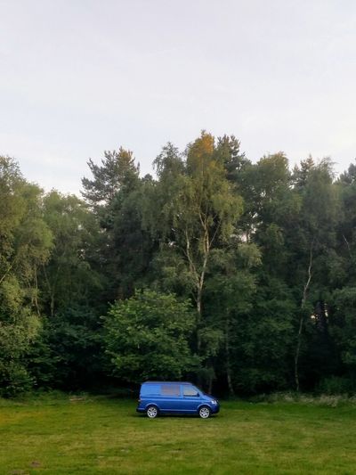 VW Transporter camper conversion in a field