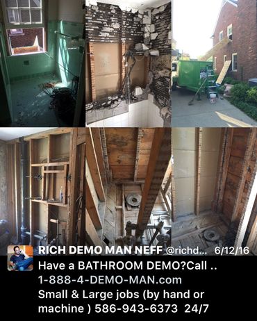 bathroom demolition before during & after from 2 floor window in dumpster.