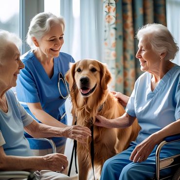 Nursing Home patient visiting with Therapy Dog and Handler