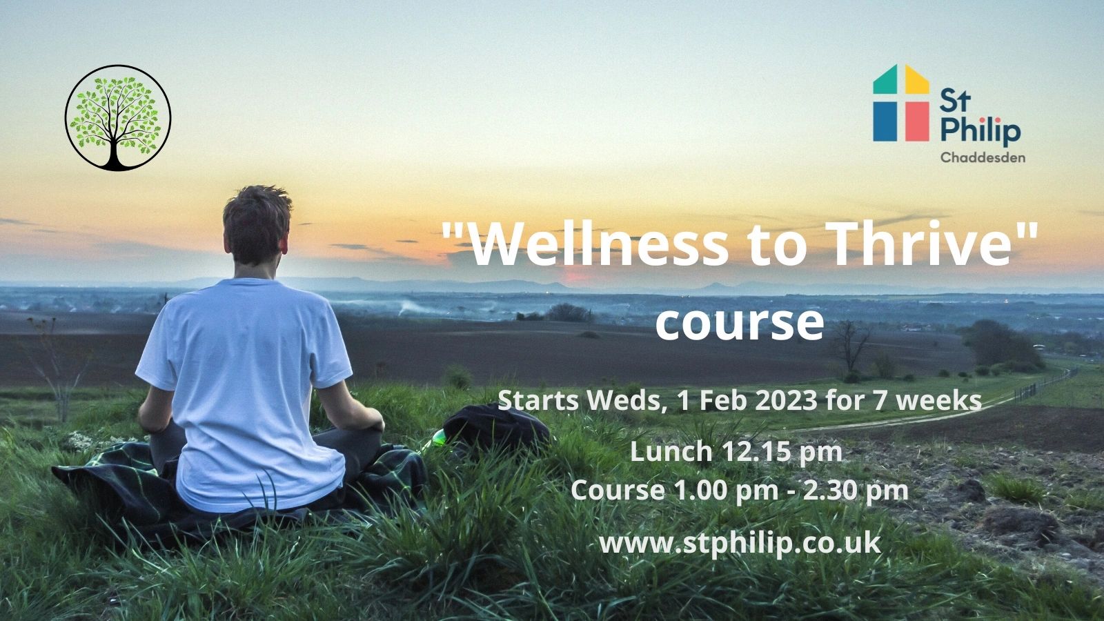 Man meditating outdoors at sunset with wellness course details.