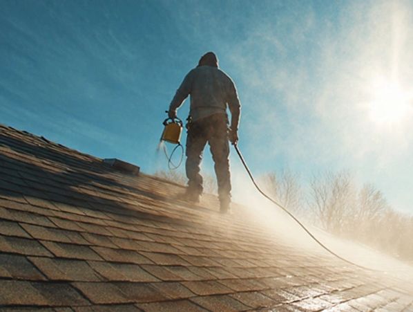 Person pressure washing a roof under bright sunlight.