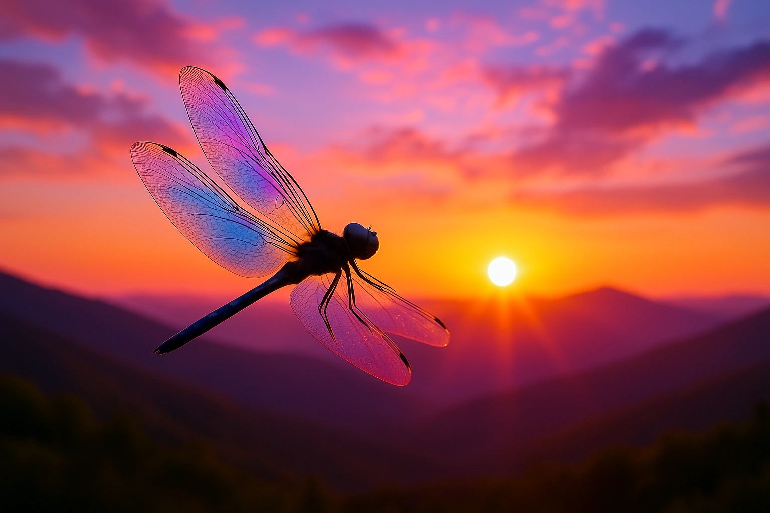 Blue and purple dragonfly flying into the sunrise above purple and black mountains.