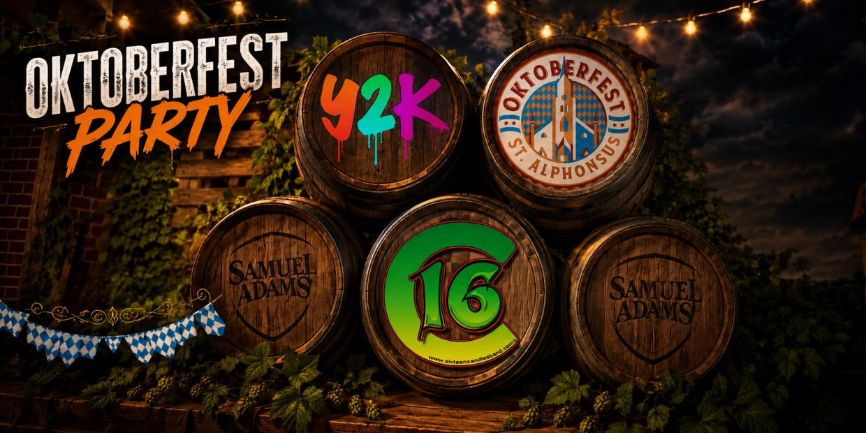Barrels of beer with the 16 candles logo, y2k logo, and oktoberfest logo