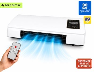 White compact air conditioner with remote control and blue airflow.