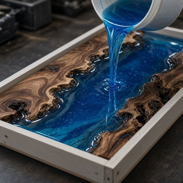 Pouring blue resin over wood in a frame.